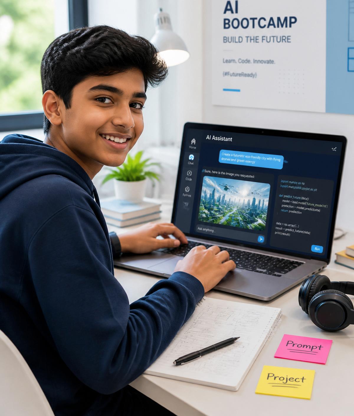 A school student learning AI on a laptop